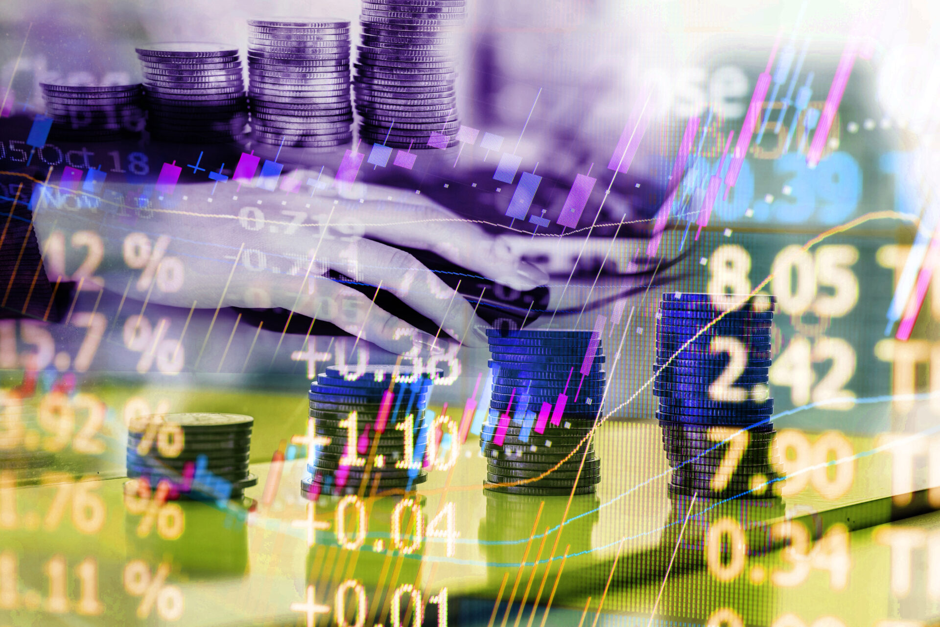 Stock market trend or Forex trading graph chart for financial planing as concept. Double exposure of digital number and price quote to do stock analysis with many indicators.